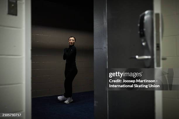 Kaori Sakamoto of Japan prepares ahead of the Women's Free Skating during the ISU World Figure Skating Championships at Centre Bell on March 22, 2024...