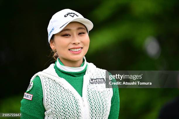 Miyuki Takeuchi of Japan smiles on the 11th hole during the second round of AXA LADIES GOLF TOURNAMENT in MIYAZAKI at UMK Country Club on March 23,...