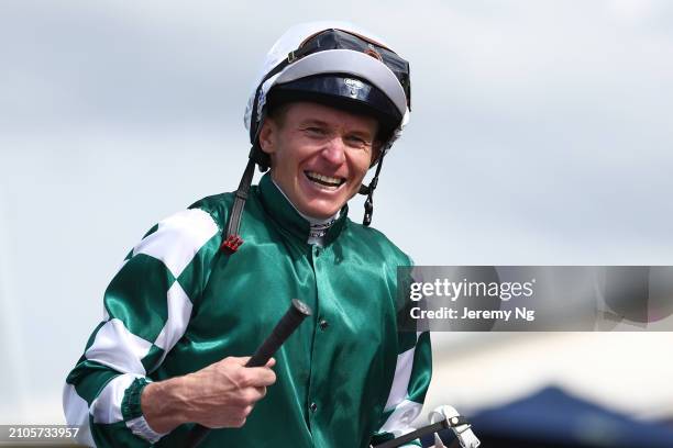 James Mcdonald riding Via Sistina wins Race 5 Ranvet Stakes during the Golden Slipper Day - Sydney Racing at Rosehill Gardens on March 23, 2024 in...