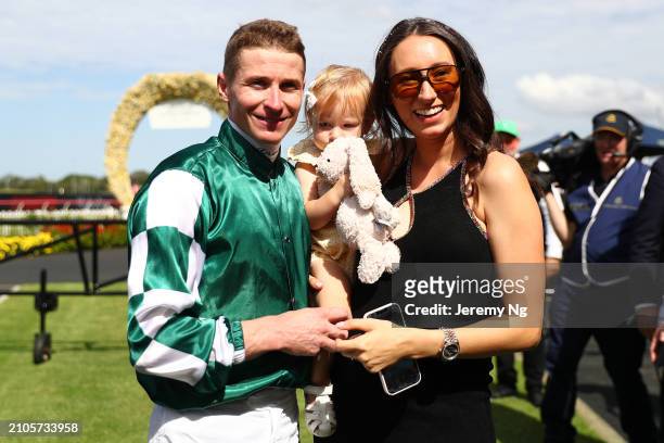 Wife of James Mcdonald, Katie McDonald embraces after James Mcdonald riding Via Sistina wins Race 5 Ranvet Stakes during the Golden Slipper Day -...
