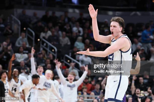 Isaac Johnson of the Utah State Aggies reacts after a shot against the TCU Horned Frogs during the second half in the first round of the NCAA Men's...