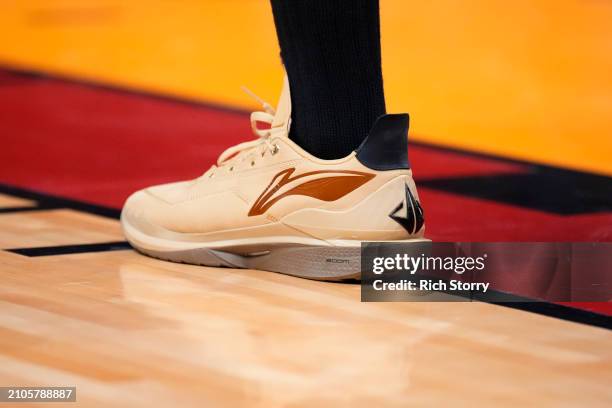 Detailed view of Jimmy Butler of the Miami Heat sneaker during a game against the New Orleans Pelicans at Kaseya Center on March 22, 2024 in Miami,...