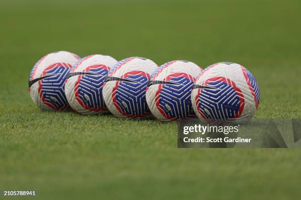 General view of balls lined up during the A-League Women round 21 match between Newcastle Jets and Melbourne Victory at No. 2 Sports Ground, on March...