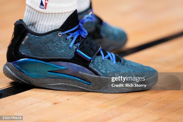 Detailed view of Zion Williamson of the New Orleans Pelicans sneakers duing a game against the Miami Heat at Kaseya Center on March 22, 2024 in...