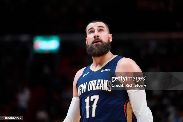 Jonas Valanciunas of the New Orleans Pelicans looks on against the Miami Heat during the second quarter at Kaseya Center on March 22, 2024 in Miami,...