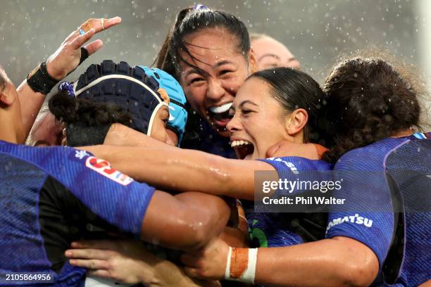 Angelica Mekemeke Vahai of the Blues is congratulated on her try during the round four Super Rugby Aupiki match between Blues and Matatu at Eden Park...