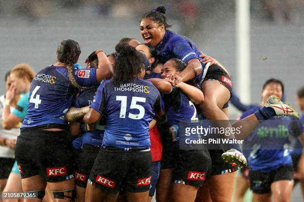 The Blues celebrate on full time during the round four Super Rugby Aupiki match between Blues and Matatu at Eden Park on March 23, 2024 in Auckland,...