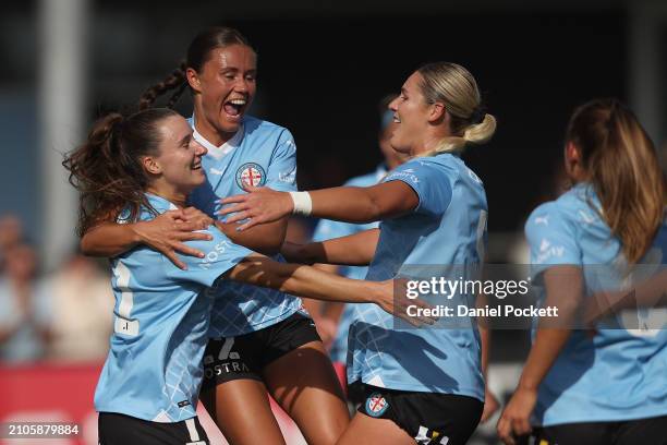 Emina Ekic of Melbourne City celebrates kicking a penalty goal during the A-League Women round 21 match between Melbourne City and Central Coast...