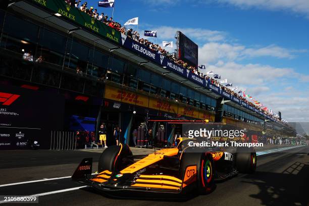 Oscar Piastri of Australia driving the McLaren MCL38 Mercedes in the Pitlane during qualifying ahead of the F1 Grand Prix of Australia at Albert Park...