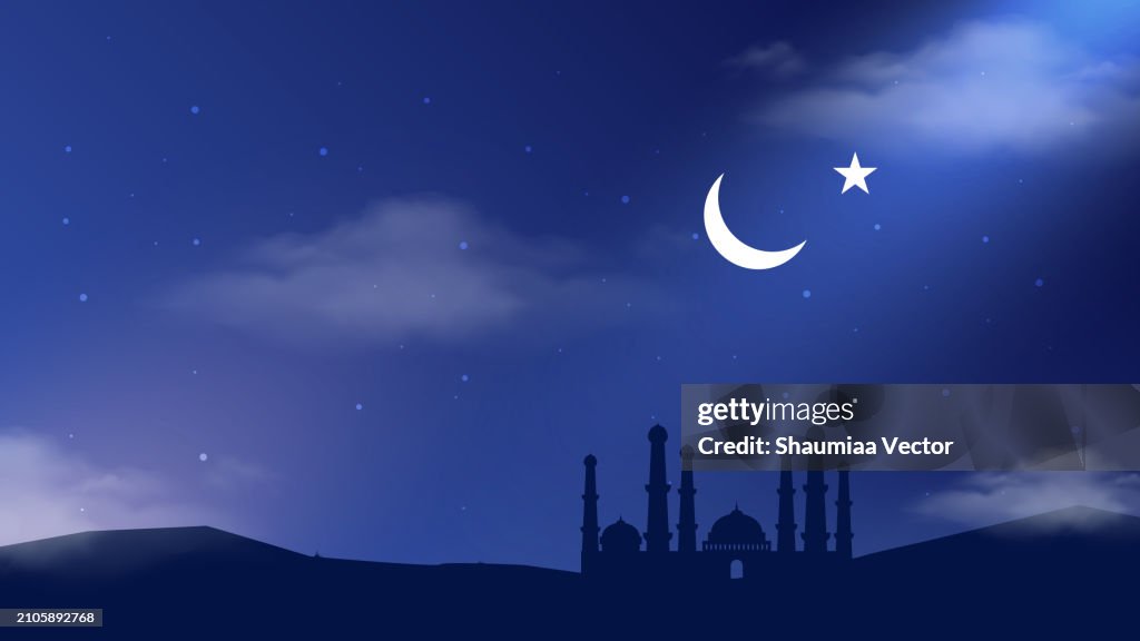 Silhouette dome mosques at night with stars, crescent moon and dark blue sky. Vector banner design background for Islamic religions, Eid al-Adha, Eid al-fitr, Happy muharram and Islamic new year greeting card.