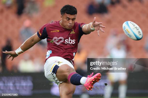 Ajay Faleafaga of the Highlanders clears the ball during the round five Super Rugby Pacific match between Chiefs and Highlanders at FMG Stadium...