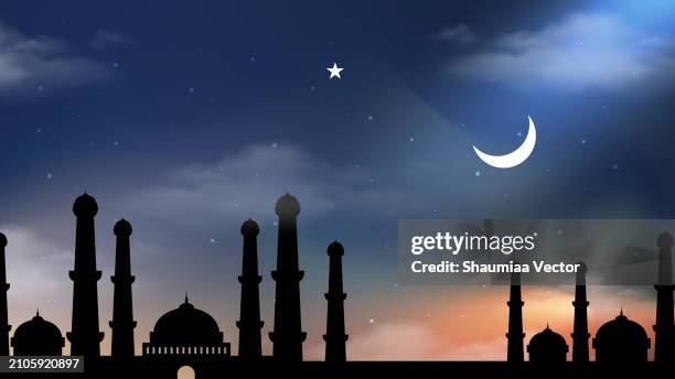 silhouette dome mosques at night with stars, crescent moon and dark blue sky. vector banner design background for islamic religions, eid al-adha, eid al-fitr, happy muharram and islamic new year greeting card. - muharram stock illustrations