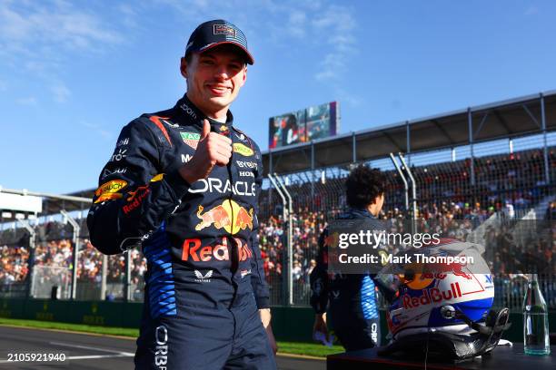 Pole position qualifier Max Verstappen of the Netherlands and Oracle Red Bull Racing celebrates in parc ferme during qualifying ahead of the F1 Grand...