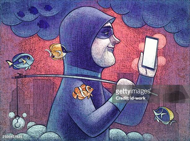 hacker holding fishing rod and looking at smartphone - burglar carried stock illustrations