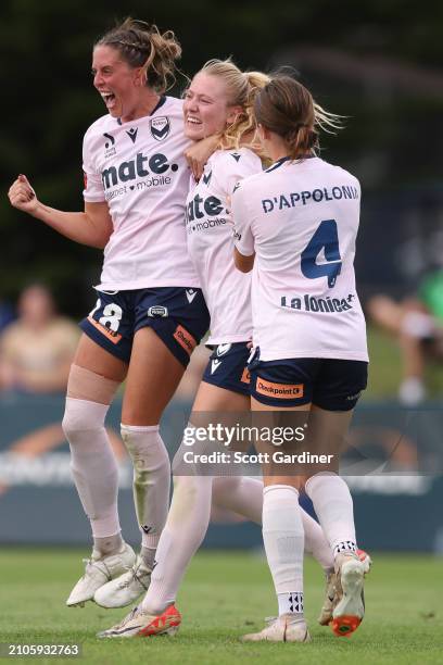 Tori Hansen of the Victory celebrates a goal with team mates during the A-League Women round 21 match between Newcastle Jets and Melbourne Victory at...