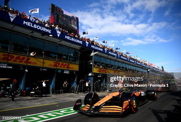 Lando Norris of Great Britain driving the McLaren MCL38 Mercedes in the Pitlane during qualifying ahead of the F1 Grand Prix of Australia at Albert...