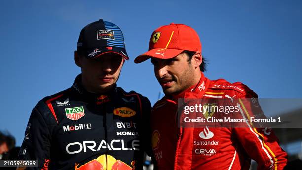 Pole position qualifier Max Verstappen of the Netherlands and Oracle Red Bull Racing and Second placed qualifier Carlos Sainz of Spain and Ferrari...
