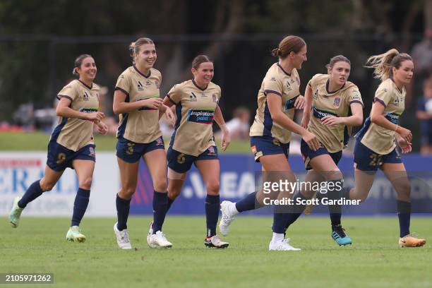 Melina Ayres of the Jets celebrates a goal during the A-League Women round 21 match between Newcastle Jets and Melbourne Victory at No. 2 Sports...