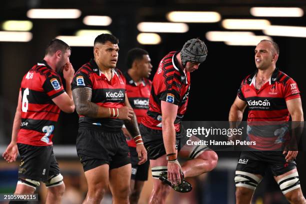 Levi Aumua of the Crusaders looks on during the round five Super Rugby Pacific match between Blues and Crusaders at Eden Park, on March 23 in...