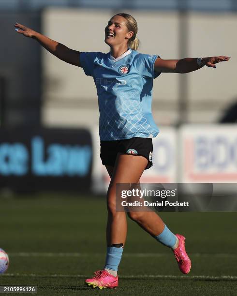 Taylor Otto of Melbourne City celebrates scoring a goal during the A-League Women round 21 match between Melbourne City and Central Coast Mariners at...