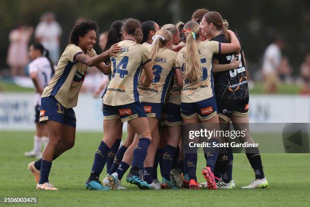 Jets players celebrate the teams win during the A-League Women round 21 match between Newcastle Jets and Melbourne Victory at No. 2 Sports Ground, on...