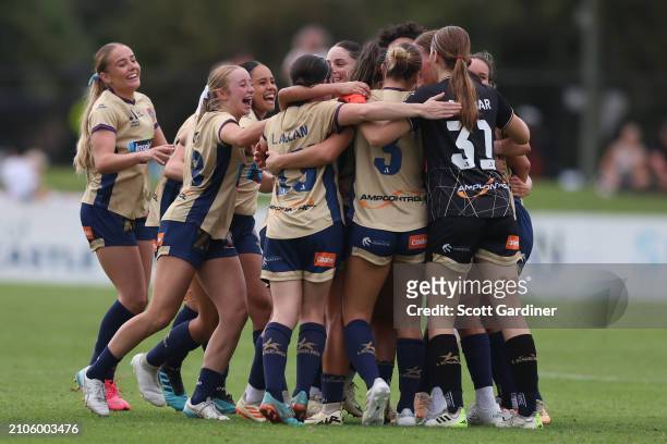 Jets players celebrate the teams win during the A-League Women round 21 match between Newcastle Jets and Melbourne Victory at No. 2 Sports Ground, on...