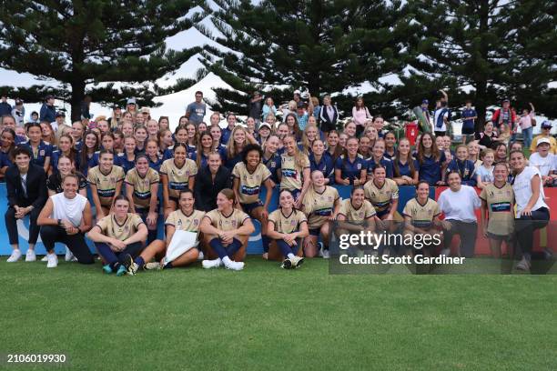 Jets players with fans following the teams win during the A-League Women round 21 match between Newcastle Jets and Melbourne Victory at No. 2 Sports...