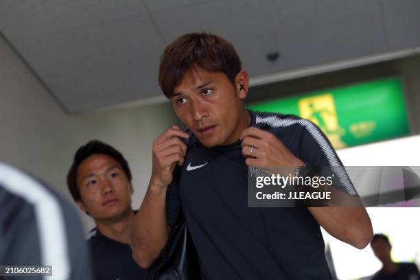 Toshihiro Aoyama of Sanfrecce Hiroshima is seen on arrival at the stadium prior to the J.League J1 match between Sanfrecce Hiroshima and Sagan Tosu...