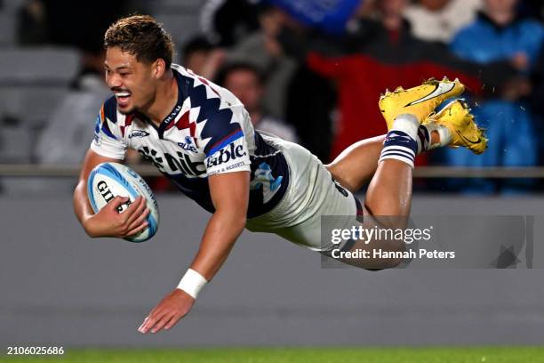 Lam of the Blues celebrates after scoring a try during the round five Super Rugby Pacific match between Blues and Crusaders at Eden Park, on March 23...