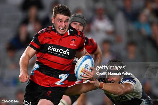 Dominic Gardiner of the Crusaders makes a break during the round five Super Rugby Pacific match between Blues and Crusaders at Eden Park, on March 23...