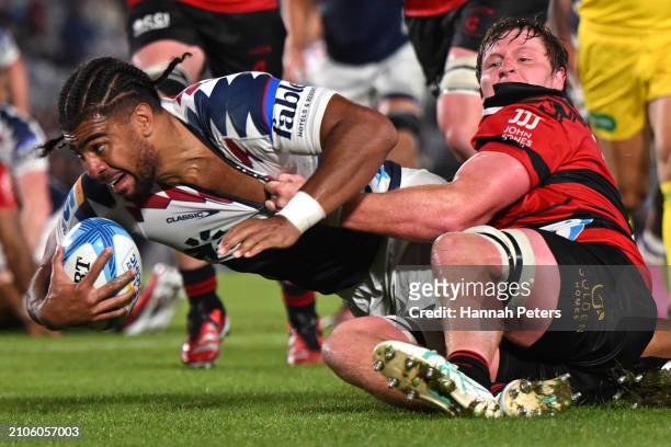 Hoskins Sotutu of the Blues charges forward during the round five Super Rugby Pacific match between Blues and Crusaders at Eden Park, on March 23 in...