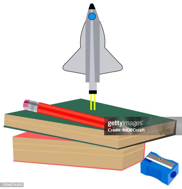 books and pencil sharpener rocket vector - sharpening pencil stock illustrations