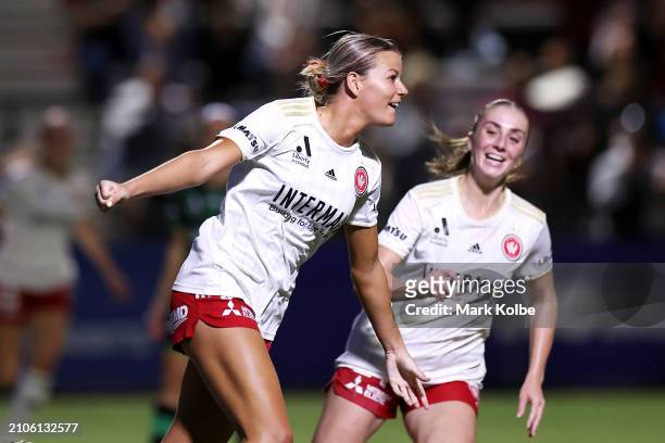 Sophie Harding of the Wanderers celebrates scoring a goal during the A-League Women round 21 match between Western Sydney Wanderers and Western...