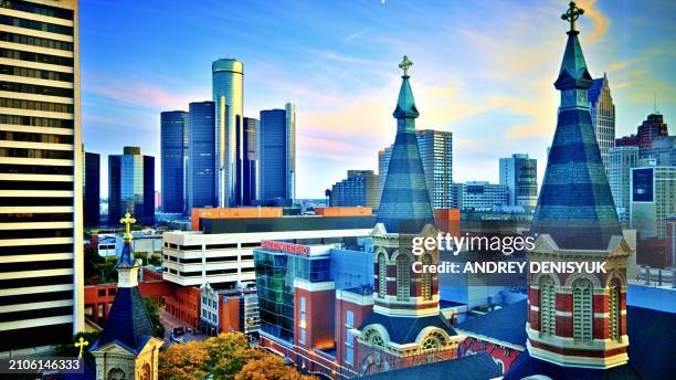 detroit. church. financial building. business downtown. - chicago board of trade stock pictures, royalty-free photos & images