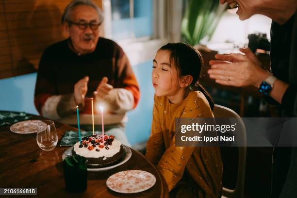 young girl blowing candles on birthday cake - old man birthday party fotografías e imágenes de stock