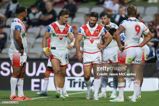 Ben Hunt of the Dragons looks dejected during the round three NRL match between St George Illawarra Dragons and North Queensland Cowboys at Netstrata...