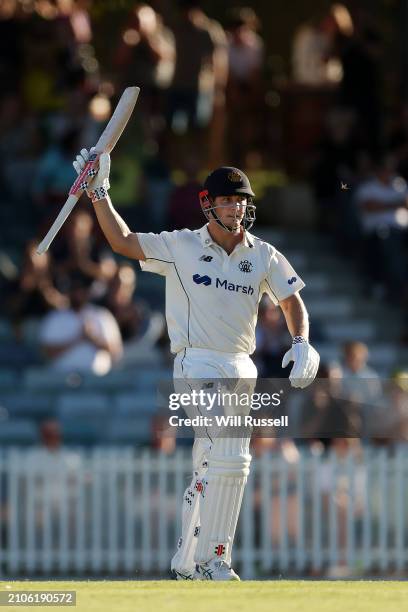 Hilton Cartwright of Western Australia raises his bat after scoring fifty runs during the day three of the Sheffield Shield Final match between...