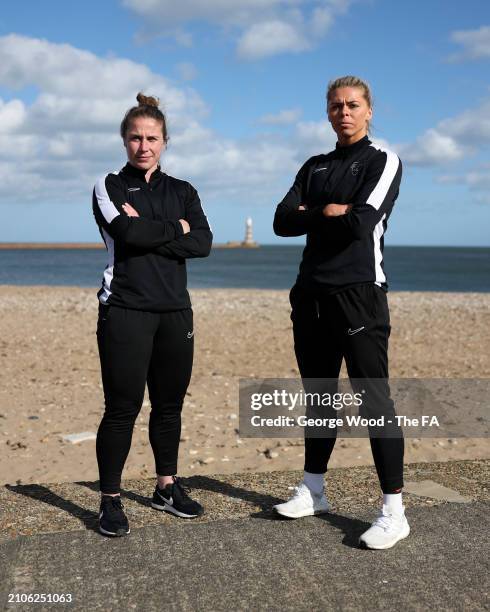 Sarah Wilson and Becky Salicki of Durham pose for a photo during the Sunderland AFC Women v Durham Women FC Women's Football Weekend Preview at Roker...