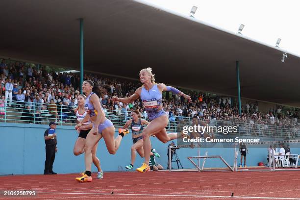 Liz Clay competes against Michelle Jenneke in the Womens 100m Hurdles final during the 2024 Sydney Track Classic at ES Marks Athletic Field on March...