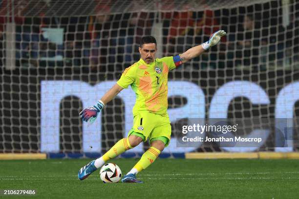 Claudio Bravo of Chile clears the ball upfield during the International Friendly match between Albania and Chile at Stadio Ennio Tardini on March 22,...