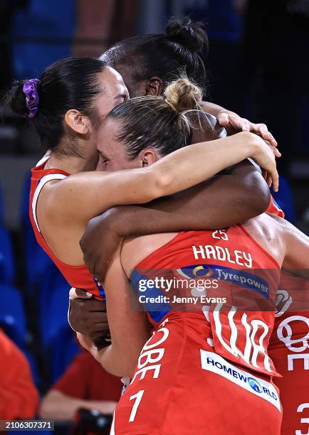 Swifts celebrate the win during the 2024 Suncorp Team Girls Cup match between NSW Swifts and Melbourne Mavericks at Ken Rosewall Arena on March 23,...