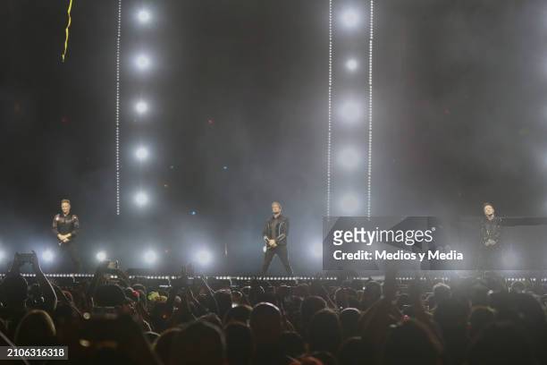 Nicky Byrne, Shane Filan and Kian Egan of Westlife perform during a concert at Arena Ciudad de Mexico on March 22, 2024 in Mexico City, Mexico.