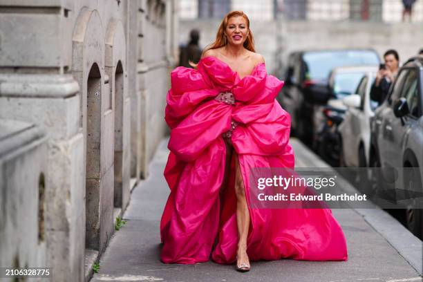 Guest wears a fuchsia strapless front split puffy long gown, transparent white gloves decorated with tiny roses and pearls, sparkling pointy pumps...