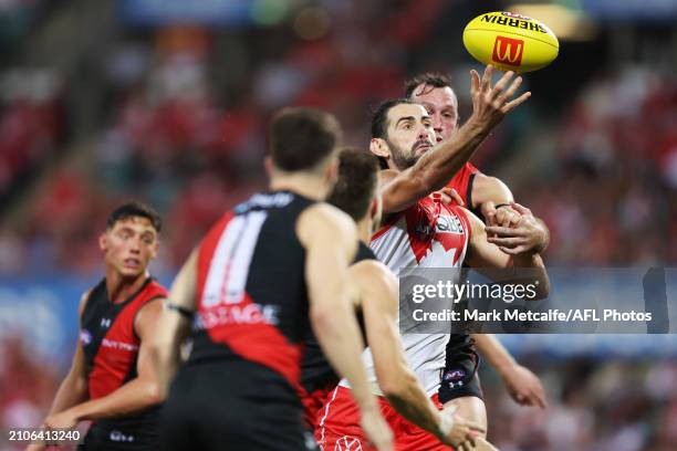 Brodie Grundy of the Swans competes at a ruck during the round two AFL match between Sydney Swans and Essendon Bombers at SCG, on March 23 in Sydney,...