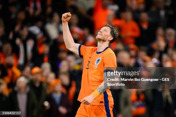 Wout Weghorst of the Netherlands celebrates his team's third goal during the friendly match between Netherlands and Scotland at Johan Cruyff Arena on...