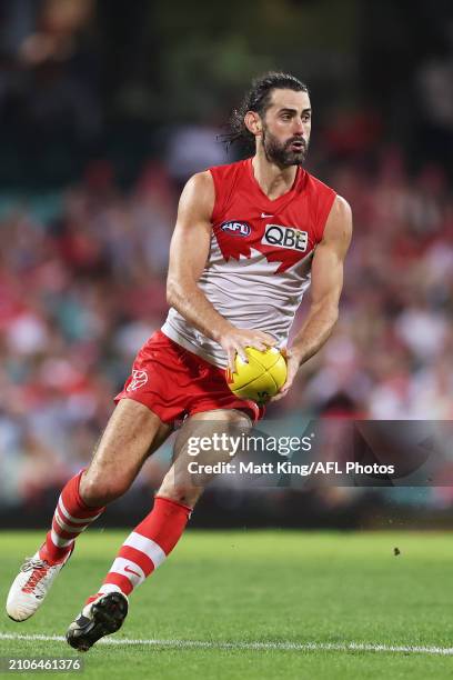 Brodie Grundy of the Swans in action during the round two AFL match between Sydney Swans and Essendon Bombers at SCG, on March 23 in Sydney,...