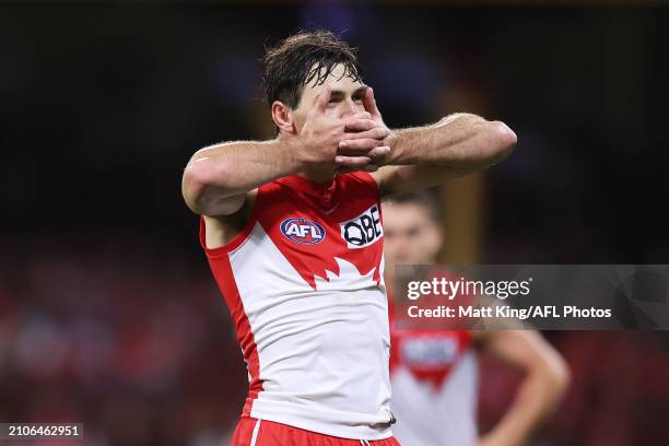 Errol Gulden of the Swans celebrates a goal during the round two AFL match between Sydney Swans and Essendon Bombers at SCG, on March 23 in Sydney,...