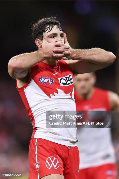 Errol Gulden of the Swans celebrates a goal during the round two AFL match between Sydney Swans and Essendon Bombers at SCG, on March 23 in Sydney,...