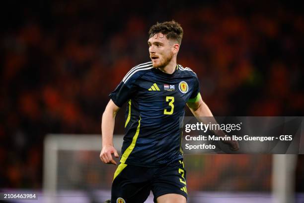 Andrew Robertso of Scotland looks on during the friendly match between Netherlands and Scotland at Johan Cruyff Arena on March 22, 2024 in Amsterdam,...