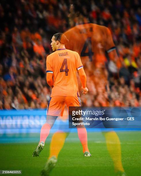 Virgil van Dijk of the Netherlands looks on during the friendly match between Netherlands and Scotland at Johan Cruyff Arena on March 22, 2024 in...